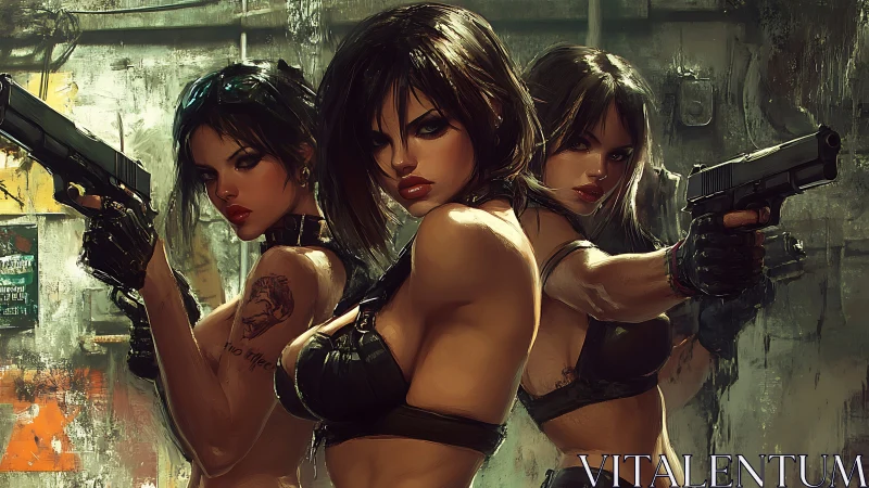 Three armed women pose in gritty, stylized urban environment