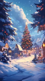 Cozy winter village glowing around a storybook tree.