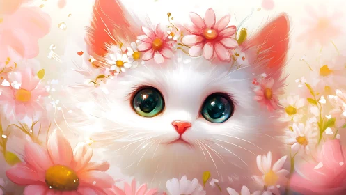Digitally rendered white feline with oversized eyes surrounded by decorative floral elements
