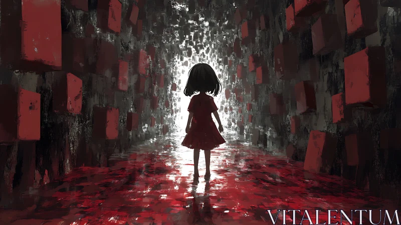 Silhouetted girl advances through a red geometric corridor
