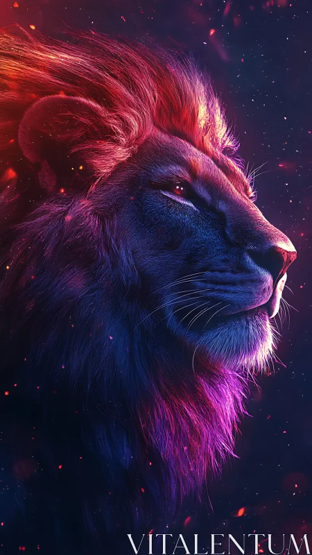 Neon-lit lion profile rendered in high-contrast digital chiaroscuro