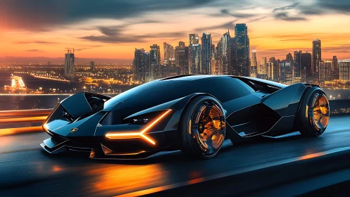 Futuristic electric hypercar on neon-lit city expressway at dusk