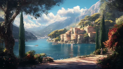 Sunlit terraced village beside turquoise alpine lake panorama.