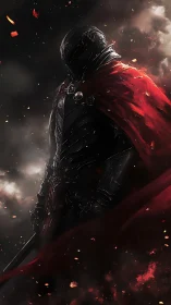 Midnight knight wrapped in a storm of scarlet embers.