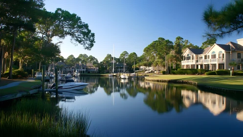 Waterfront marina villas with boats in calm reflective canal.