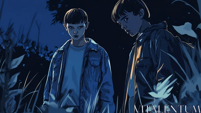 Two boys stand in dark blue night foliage, gazing downward