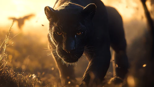 Black Panther Stalking Through Golden Savanna Sunset.
