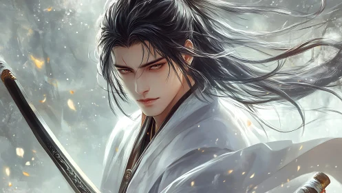 Stoic anime swordsman rendered in luminous digital detail