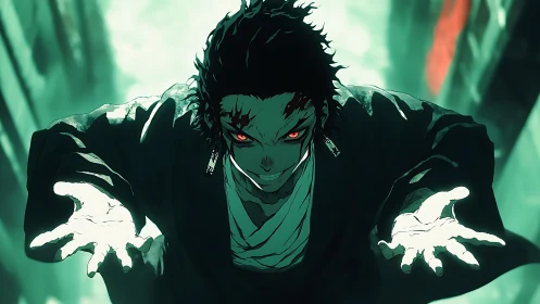 Crimson eyed sorcerer lunges forward through emerald gloom