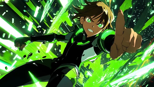 Armored youth in green energy field, dynamic forward motion.