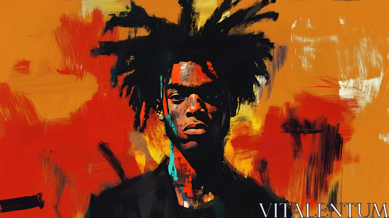 Portrait in bold strokes against vibrant orange field.