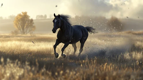 Dark horse moving through dry grassland at sunrise or sunset.