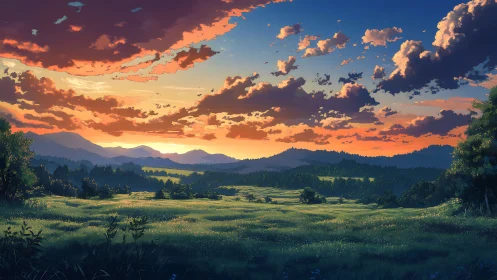 Evening light over distant hills and open grassland plain.