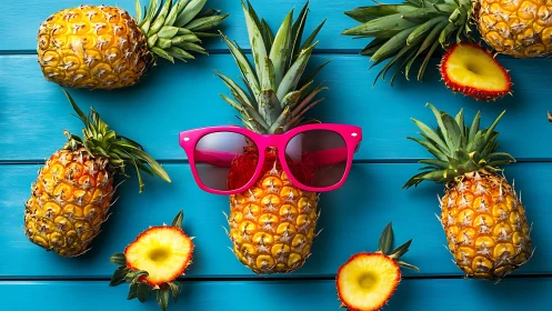 Whole and sliced pineapples with sunglasses on blue surface.