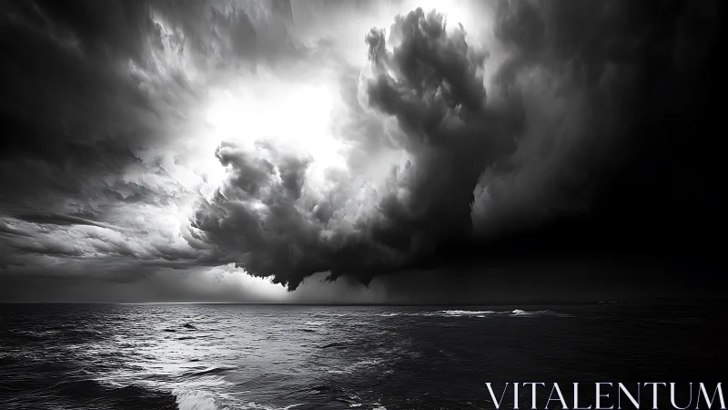 Storm-laden clouds explode above a dark, restless ocean.