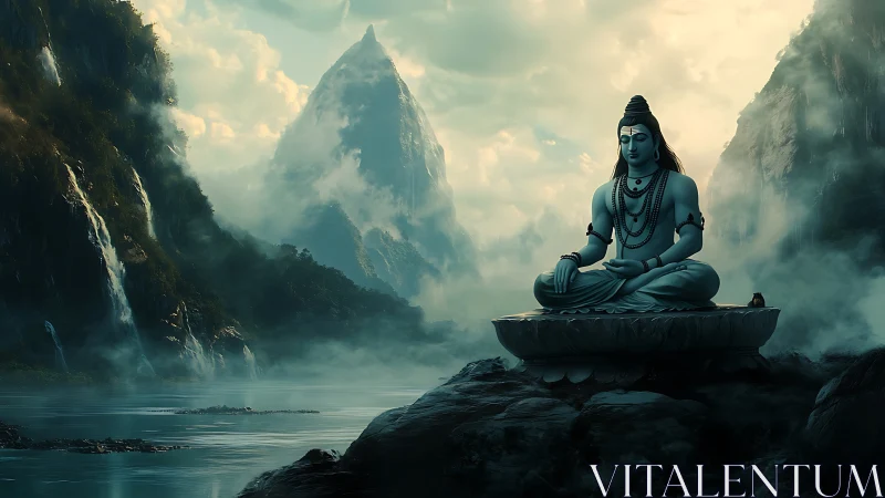 Mountain mist cradles serene meditating deity by riverside.
