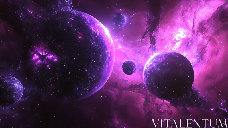 Violet nebular orrery with luminous multi-planet depth field.