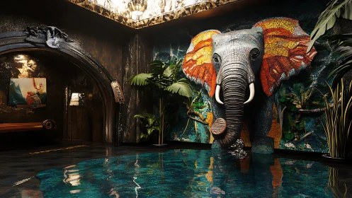 Mosaic elephant pool room glowing with jungle daydreams.