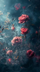 Red Roses in Misty Light, Dreamlike Garden Study.
