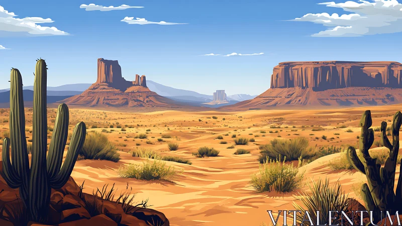 Desert plateau landscape with cacti and distant mesas.