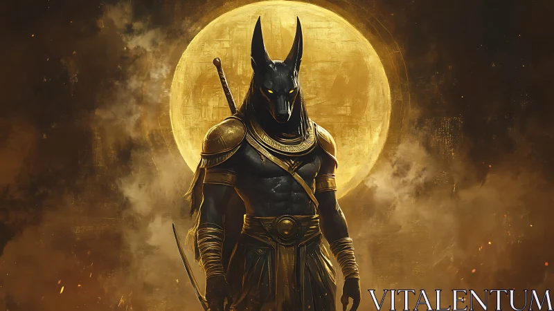 Anthropomorphic Anubis warrior framed by molten lunar backlight