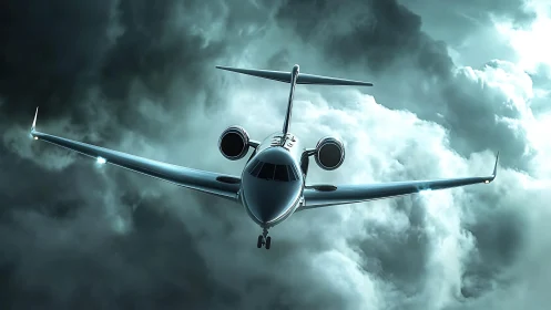 High-altitude business jet with wingtip lights penetrating storm cloud deck