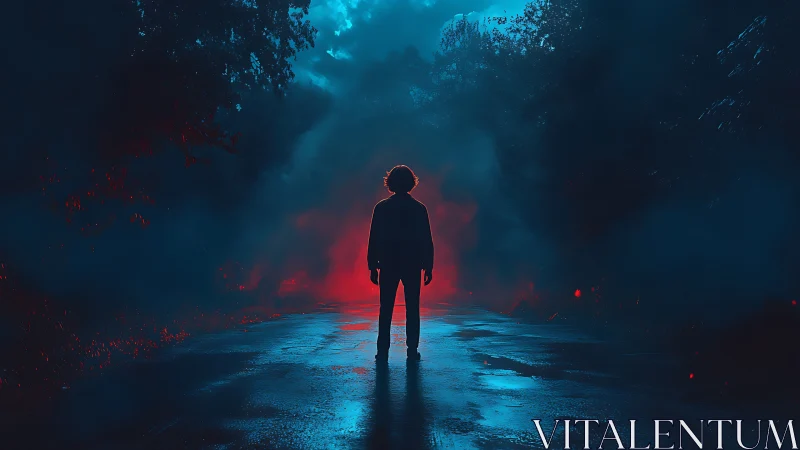 Silhouetted figure stands on wet road amid red and blue haze