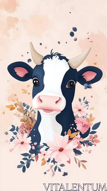 Cute cow portrait framed by pastel flowers and soft petals