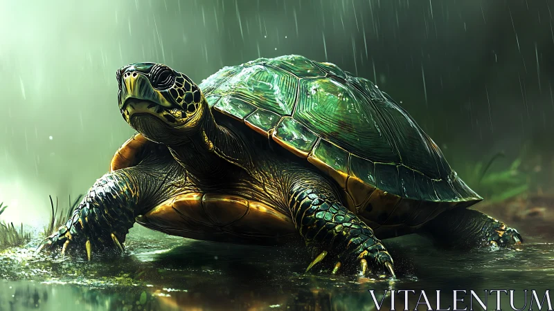 Rain-soaked turtle strides through a misty forest pool.
