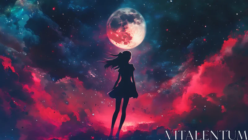 Silhouette girl stands under large moon in glowing sky.