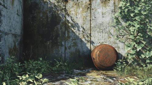 Quiet corner where rust, shadow and new leaves gather softly.