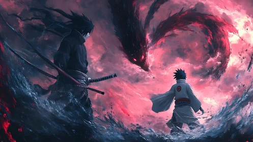 Two anime warriors confront swirling red-eyed energy beast