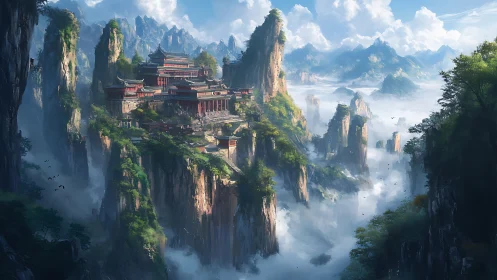 Mountain temple complex above misty cliffs and valleys.