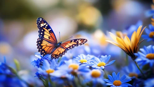 Monarch butterfly rests on blue daisies in shallow focus field