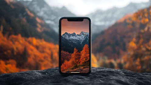 Autumn peaks framed in a phone’s crystal-clear window.