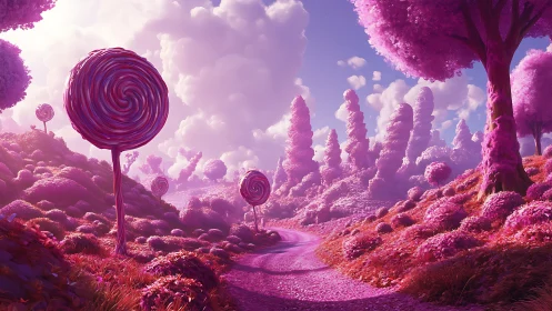 Surreal Lollipop Forest Landscape with Purple Candy Trees and Winding Path