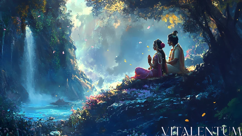 Divine couple rest beside luminous forest waterfall pool.