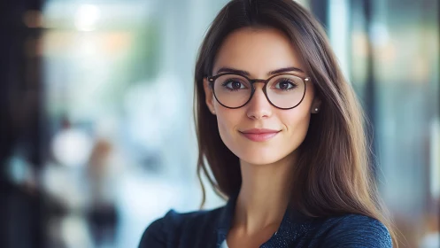 Confident young woman with glasses in modern office setting.