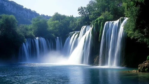 Wide cascading waterfalls over forested river cliffs.