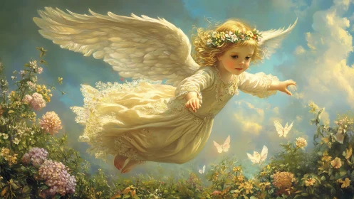 Golden-haired angel child glides over sunlit garden in bloom.