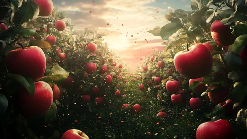 Sunlit apple corridor glows with drifting scarlet harvest.