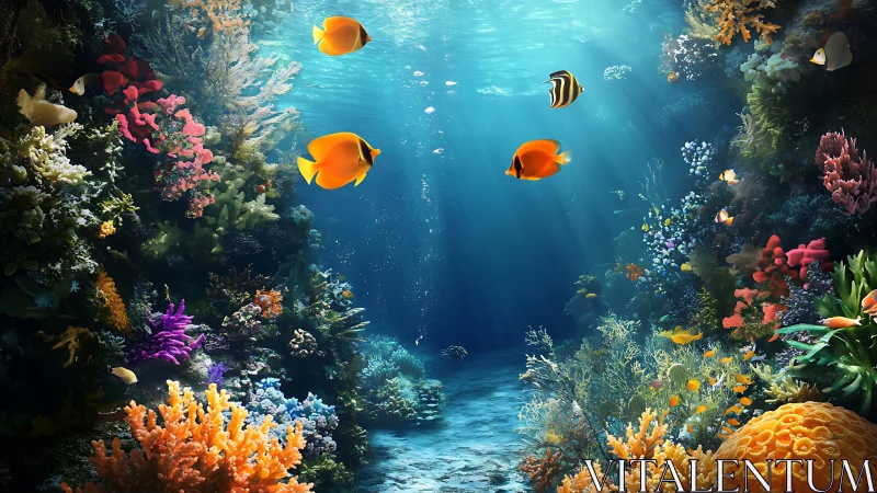 Sunlit reef ballroom where golden fish waltz through color.