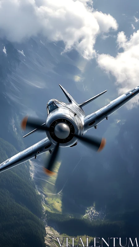 Vintage fighter plane cuts through sunlit alpine clouds