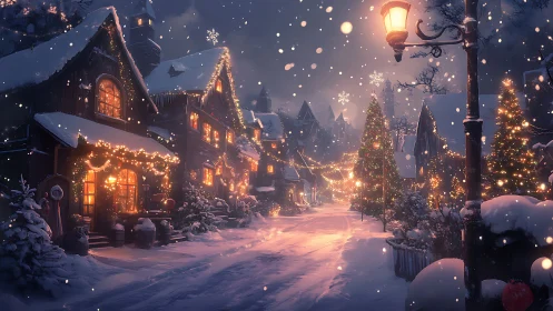Snowy village street glows under warm festive lanterns
