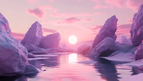 Pastel icebergs drift quietly beneath a candy sunrise glow