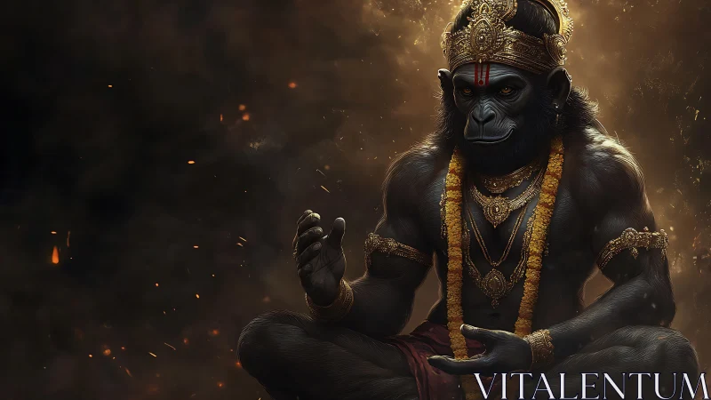 Primate deity figure sits cross-legged amid ember-filled haze