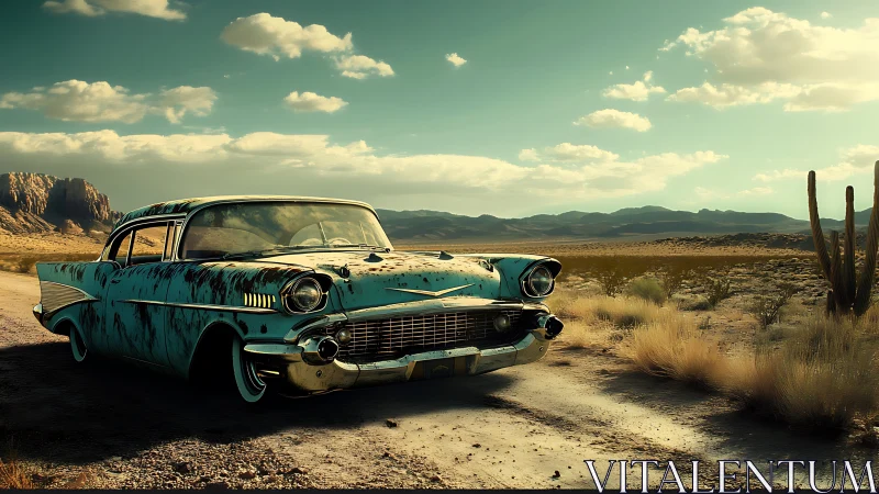 Weathered turquoise classic car on remote desert track.