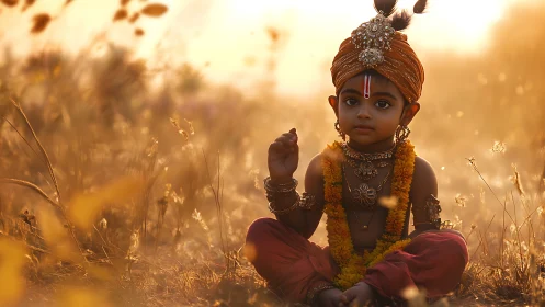 Golden hour portrait of ornamented child in shallow depth field