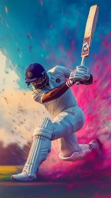 Dynamic cricket batsman amid vibrant color explosion.