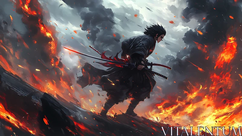 Samurai swordsman walking amid large flames and smoke.